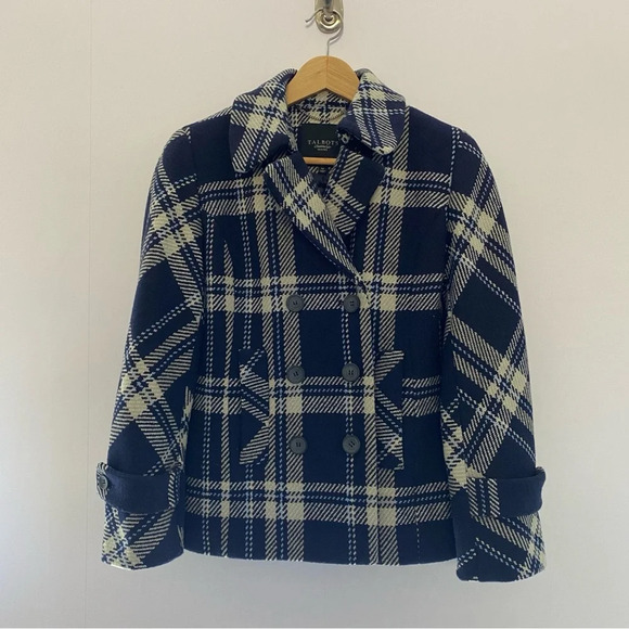 Talbots Women 4 Petite Navy Blue Plaid Wool Blend Double Breasted Jacket Peacoat - Picture 1 of 9